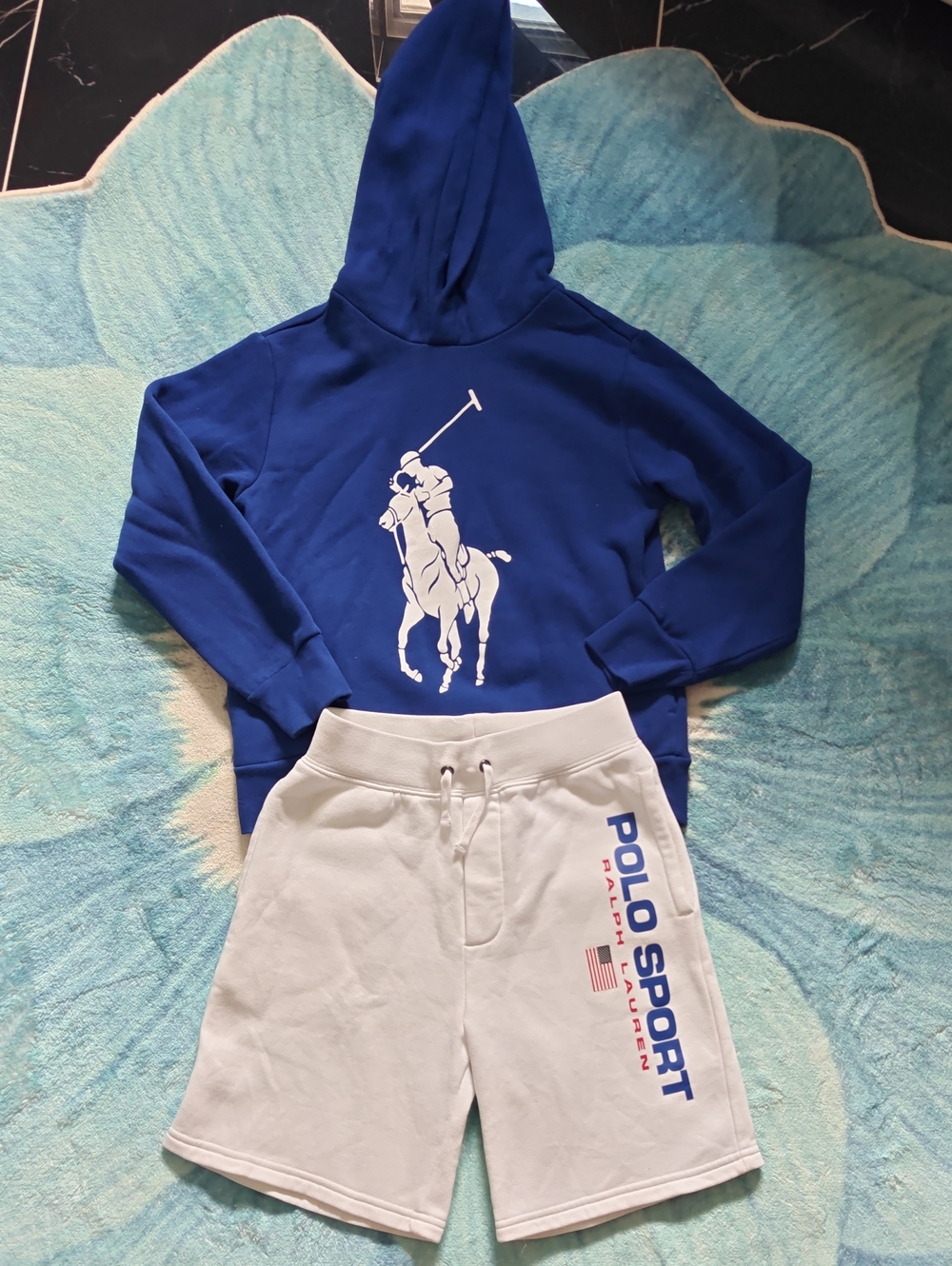 Polo by Ralph Lauren Blue Polo Player Hoodie with White Polo Sport Shorts